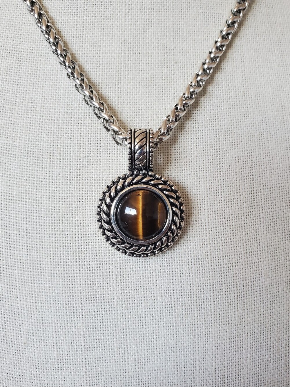 Premier Designs Tiger's Eye Silver Tone Braided Pendant Necklace